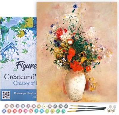 Figured'Art Schilderen op Nummer Volwassenen met lijst - Vaas met Bloemen - Odilon Redon - Handwerk acrylverf Kit DIY Compleet - 40x50cm Canvas al ingelijst
