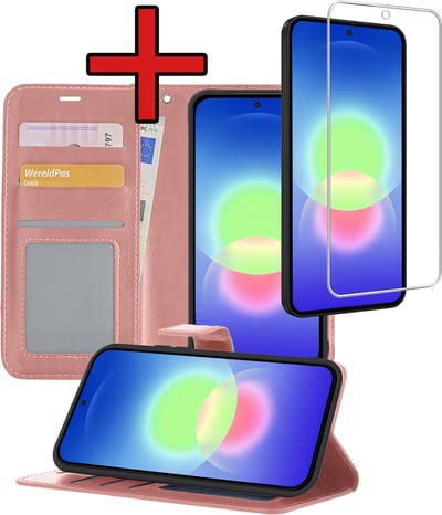 Hoesje - Met Screenprotector - Geschikt voor Samsung Galaxy A27 - Luxe Pasjeshouder - Flipcase - Bookcase Portemonee - Flip Case - Kunstleer Book Case - Book Cover - Walletcase - Portemonneehoes - Telefoonhoes - Rosé goud