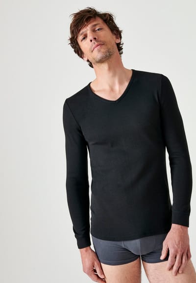 Damart - T-shirt met V-hals in interlock mesh Thermolactyl - Heren - Zwart - (118-125) XXL