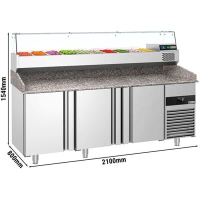 GGM Gastro Pizzakühltisch PREMIUM - 2100x800mm - mit 3 Türen - inkl. Kühlaufsatzvitrine - 10x GN 1/3