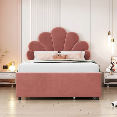 VVBV Gestoffeerd Eenpersoonsbed 90x200 cm - Lattenbodem, Planken en Hoofdbord, Voor Slaapkamer/Gastenkamer - Fluweel Roze