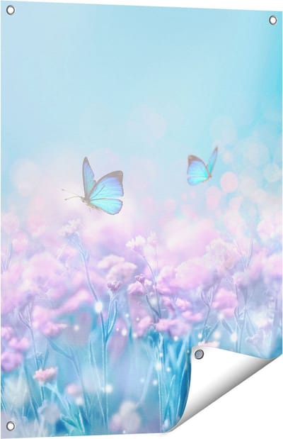Gards Tuinposter Twee Blauwe Vlinders bij Roze Bloemen - 60x80 cm - Tuindoek - Tuindecoratie - Wanddecoratie buiten - Tuinschilderij