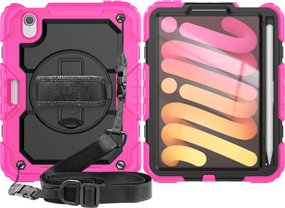 Tablet Beschermhoes Cover met Strap en Roteerbaar Standaard geschikt voor Apple iPad Mini 6 (2021) 8.3 inch | Volledig bescherming | Kindvriendelijk hoes incusief riem - Roze