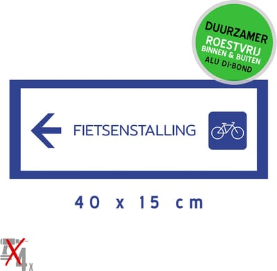 Pictogram/ bord Dibond | "Fietsenstalling" (pijl naar links) | 40 x 15 cm | Fietsen parkeren | Fietsparking | Pijlen | Aanwijzers | Gemakkelijk te lijmen | Duurzaam | Roestvrij | 1 stuk