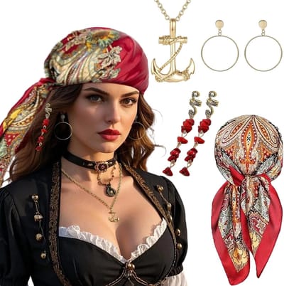 Piratenkostuum Accessoires voor Vrouwen - Middeleeuwse en Renaissance Outfit met Rode Hoofddoek voor Halloween en Carnaval Feesten