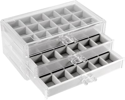 JHUBERS - Sieraden Organizer - 3 Laden Acryl Doos - Verstelbare Fluwelen Houder - Grijs - Oorbellen Ringen Kettingen - Perfect voor Dames en Meisjes