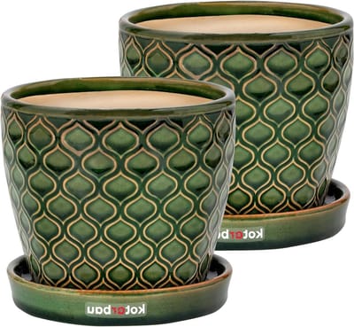 Sierpot keramisch vintage diameter 15 cm visschubbenpatroon groen - met lekbak - 2-delig