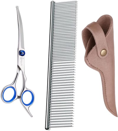 Professionele Hondenschaar – Ergonomische Kromme Trimschaar Links – Blauw – Voor Vacht- & Pootverzorging van Langharige Honden met Luxe Lederen Etui – 16,5 cm – Brons + Anti-Klit Kam – Pijnloos & Huisdiervriendelijk