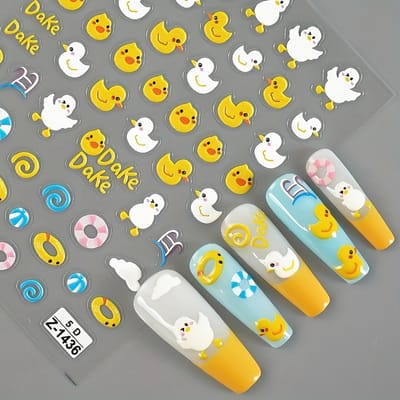 Cartoon Eend Nagellak Stickers Decals, 5D Embossed Zelfklevende Plastic Nagelsieraden, Dierenthema, Mat Afwerking