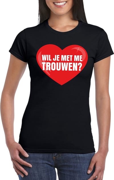 Huwelijksaanzoek t-shirt Wil je met me trouwen zwart dames S