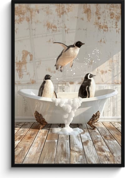 Poster in lijst - Fotolijst 80x120 cm - Posters - Vintage - Pinguïn - Badkuip - Schuim - Posterlijst zwart - Wanddecoratie badkamer - Muurdecoratie WC - Decoratieve accessoires - Toilet muur decoratie