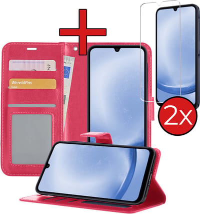 Hoesje - Met 2x Screenprotector - Geschikt voor Samsung Galaxy A25 - Luxe Pasjeshouder - Flip Case - Bookcase Portemonee - Kunstleer Book Case - Flipcase Hoes - Book Cover - Walletcase - Portemonneehoes - Telefoonhoes - Donkerroze