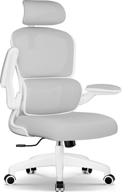 Fukstern Bureaustoel, Ergonomische Bureaustoel met Verstelbare Lendensteun en 2D Hoofdsteun – Bureaustoelen voor Volwassenen – Office Chair 135° Kantelbare Rugleuning – Belastbaar tot 150 kg – Verstelbare Armleuningen – Ademend Mesh – Grijs