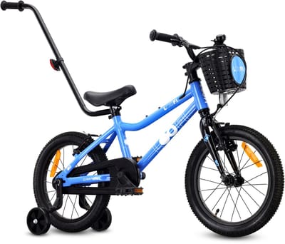 Sun Baby Kinderfiets 16 Inch LOOFI, Fiets voor Jongen 4-6 Jaar, licht 6.9 kg aluminium frame, met zijwieltjes, mandje, bel, stickers - Blauw