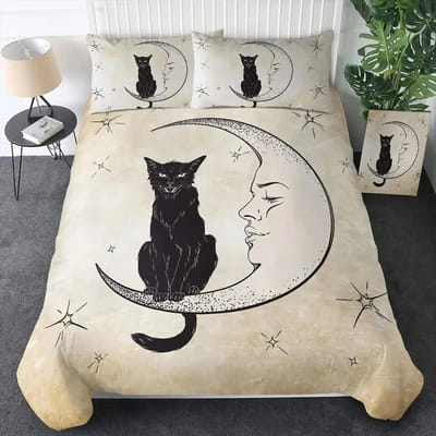 Heks Zwarte Kat Dekbedovertrek Set Full, Kat Zittend op Maan Beddengoed Set Vintage Gothic Dieren Kat Dekbedovertrek Bed Sets 135X200cm-2pcs