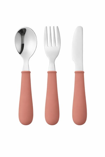 Kinder bestekset 3-delig – Lepel, vork en mes – Siliconen handvat & RVS – Roestbruin / Dusty rose – Baby en peuter bestek – Zelfstandig leren eten – 1-4 jaar