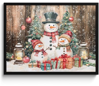 Poster in lijst - Fotolijst 80x60 cm - Posters - Sneeuwpop - Familie - Kleurrijk - Posterlijst zwart - Decoratie - Wanddecoratie woonkamer - Muurdecoratie slaapkamer