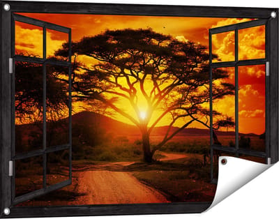 Gards Tuinposter Doorkijk Zonsondergang Achter een Savanne Boom - 90x60 cm - Tuindoek - Tuindecoratie - Wanddecoratie buiten - Tuinschilderij