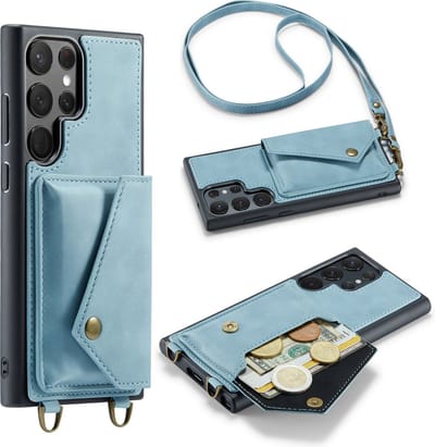 Casemania Hoesje Geschikt voor Samsung Galaxy S23 Ultra - Aqua Blue - Luxe Backcover met Koord en Magnetische Sluiting - Portemonnee Wallet Case met Pasjeshouder en Opbergvak - Lanyard Telefoonhoes - Cord Case
