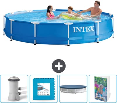 Intex Rond Frame Zwembad - 366 x 76 cm - Blauw - Inclusief Zwembadfilterpomp - Vloertegels - Afdekzeil - Zwembadgids