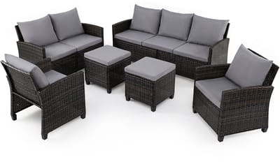 COSTWAY 6-delige rotan tuinmeubelset, zitgroep voor 7 personen, set met 2 banken, 2 fauteuils, 2 poefs en kussens, weerbestendige terrasmeubels voor buiten, balkonmeubels voor terras, balkon en tuin (grijs)