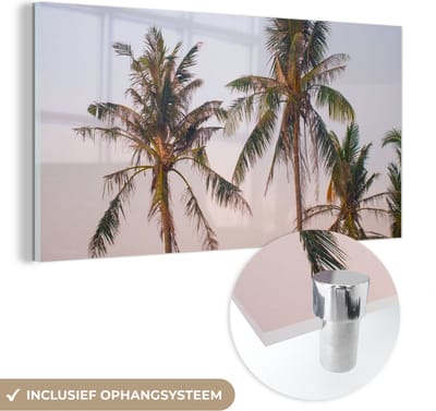 MuchoWow® Glasschilderij 120x60 cm - Schilderij acrylglas - Palmbomen - Zomer - Pastel - Foto op glas - Schilderijen