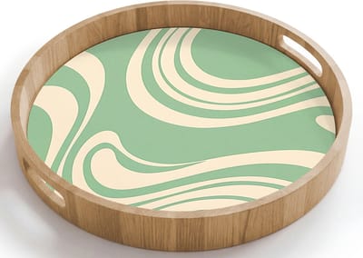 Dienblad rond 40x40 cm - Schootdienblad hout - Golvende lijnen - Mintgroen - Dansende vormen - Borrelplank rechthoek - Plateau houten dienbladen