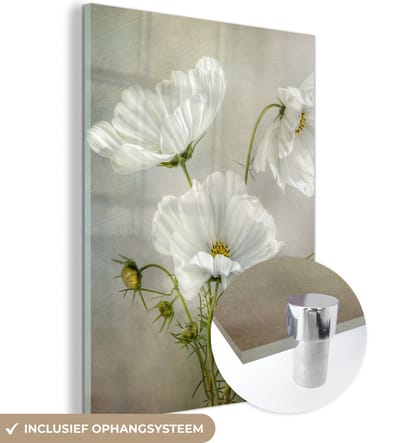 MuchoWow® Glasschilderij 60x80 cm - Schilderij acrylglas - Bloemen - Stilleven - Klaproos - Wit - Botanisch - Foto op glas - Muurdecoratie woonkamer - Wanddecoratie slaapkamer - Schilderijen