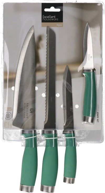 Excellent Houseware chef keuken messen set 4 delig - rvs metaal/kunststof - handvat donkergroen