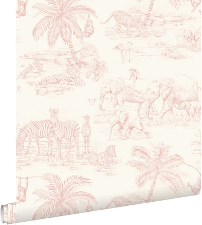 ESTAhome behang toile de jouy jungle zacht roze en wit - 0.53 x 10.05 m - 132119