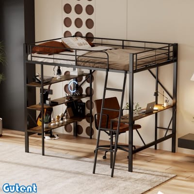 Hoogslaper - 90x200 cm-Iron bed-met bureau en drie grote planken-Zwart-Geen matras-Geen stoel