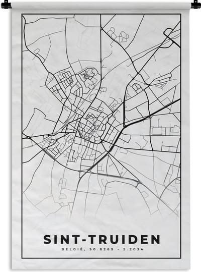 Wandkleed - Wanddoek - Stadskaart – Plattegrond – België – Zwart Wit – Sint Truiden – Kaart - 120x180 cm - Wandtapijt