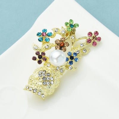 Rhinestone Kleurrijke Bloemen Broches Voor Vrouwen Unisex Vaas Bloemen Feest Casual Broche Speld Mode Sieraden Cadeaus beige