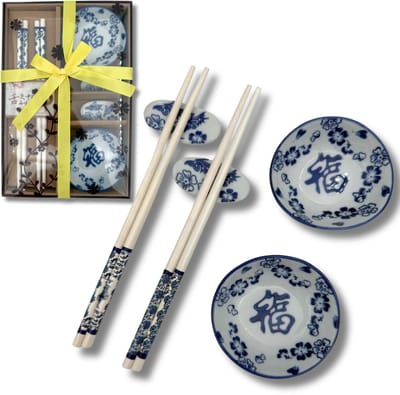 Sushi Servies Set 'Chinese tekst Zegening' - 2-persoons - Kommetjes, Eetstokjes, Opleggers - Wit & Blauw Keramiek