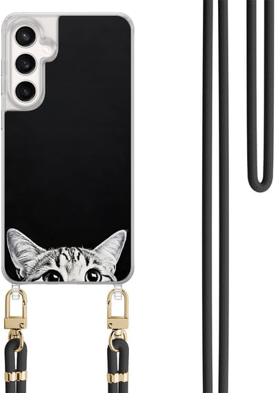 Telefoonhoesje met koord geschikt voor Samsung S24 FE - Kat kiekeboe - Inclusief Zwart koord - Transparant, Zwart - Print - Crossbody beschermhoes - Met Telefoonketting