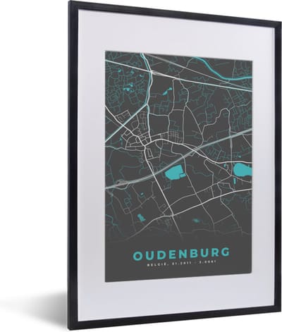 Fotolijst incl. Poster - Stadskaart – Grijs - Kaart – Oudenburg – België – Plattegrond - 30x40 cm - Posterlijst