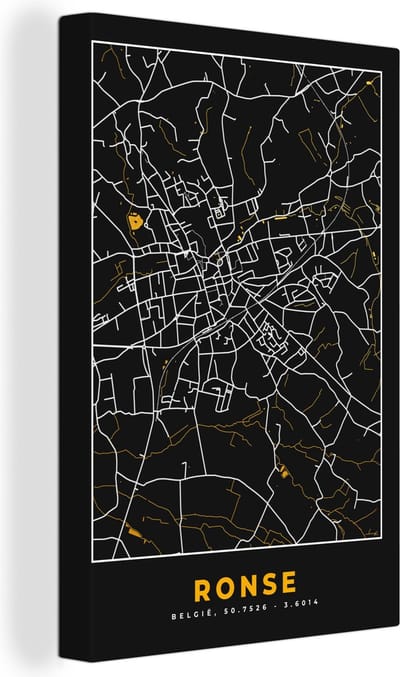 Canvas Schilderij Ronse - Kaart - Plattegrond - Goud - Stadskaart - 20x30 cm - Wanddecoratie