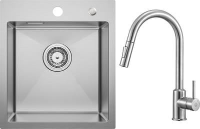 CECIPA max - Spoelbakken Keuken Met Keukenkraan - Spoelbak Keuken 40x45cm - Enkele spoelbak van roestvrij staal - Keukenkraan Met Uittrekbare Uitloop - Spoelbakken met Afdruip - Zilver