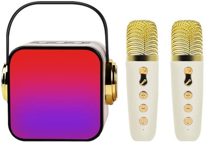 Karaoke machine met 2 draadloze microfoons, luidspreker voor kinderen met ledlampen en stemwisselende effecten, draagbaar bluetooth-karaoke-speelgoed (beige)