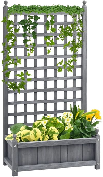 Plantenbak met klimrek - Weerbestendig - Bloembak - Met trellis - Buiten - Hout - Plantenrek - Rechthoekig - 19 Liter - Grijs
