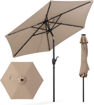 COSTWAY Parasol 230 cm met led-verlichting, tuinparasol met zwengel, aan beide zijden 35° kantelbaar, terrasparasol met 6 ribben, marktscherm voor tuin, balkon, terras (lichtbruin)