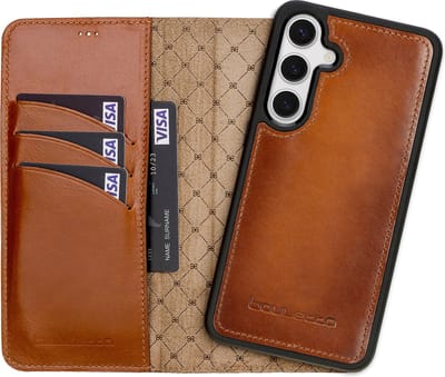 Bouletta voor Samsung Galaxy S25 Plus leren Uitneembare hoesje met verstelbare stand in Burned Cognac