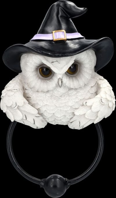 MadDeco - deurklopper - witte uil met tovenaarshoed - magie - poystone - 21 cm hoog
