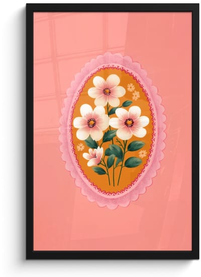 Poster in lijst - Fotolijst 40x60 cm - Posters - Illustratie - Bloemen - Rand - Roze - Posterlijst zwart - Decoratie - Wanddecoratie woonkamer - Muurdecoratie slaapkamer