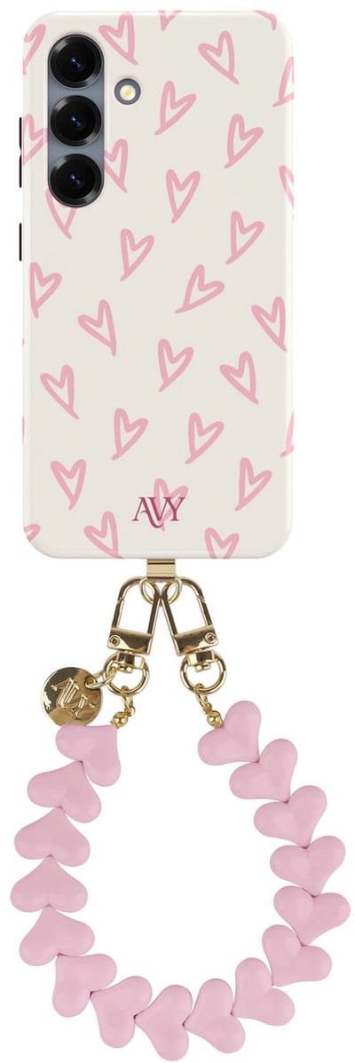 AVY Hoesje Met Telefoonkoord | Geschikt voor Samsung Galaxy S24 Plus | Compatibel met MagSafe | Hard Shell Back Cover | Stijlvol Bijpassend Koord 30CM | Cupid Hearts | Roze