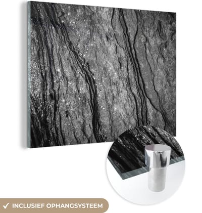 Glasschilderij zwart wit - Graniet - Steen - Zwart - Wit - 160x120 cm - Foto op glas - Decoratie woonkamer