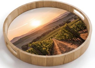 Dienblad rond 40x40 cm - Schootdienblad hout - Wijngaard - Zonsondergang - Landschap - Borrelplank rechthoek - Plateau houten dienbladen