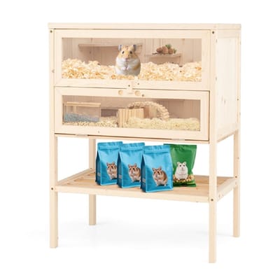 Hamsterkooi - 2 Niveaus - Verwijderbare lade - Hout - 40B x 40D x 80H cm - Natuurlijk