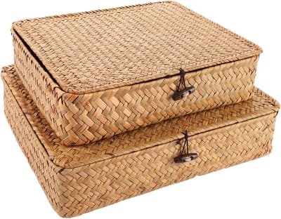 2 stuks zeegrasmand met deksel, rechthoekige rotan mand met deksel, gevlochten mand van natuurlijk zeegras, rieten manden voor planken, organisatie van natuurlijk zeegras, set van 2
