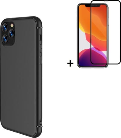 Hoesje Geschikt voor iPhone 11 Pro Max - Screenprotector iPhone 11 Pro Max - Siliconen - iPhone 11 Pro Max Hoes Zwart Case + Full Tempered Glass